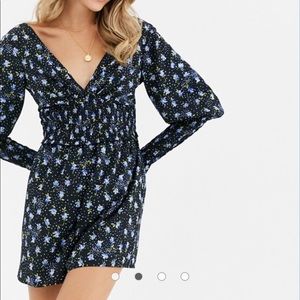 ASOS shirred waist romper in blue ditsy floral